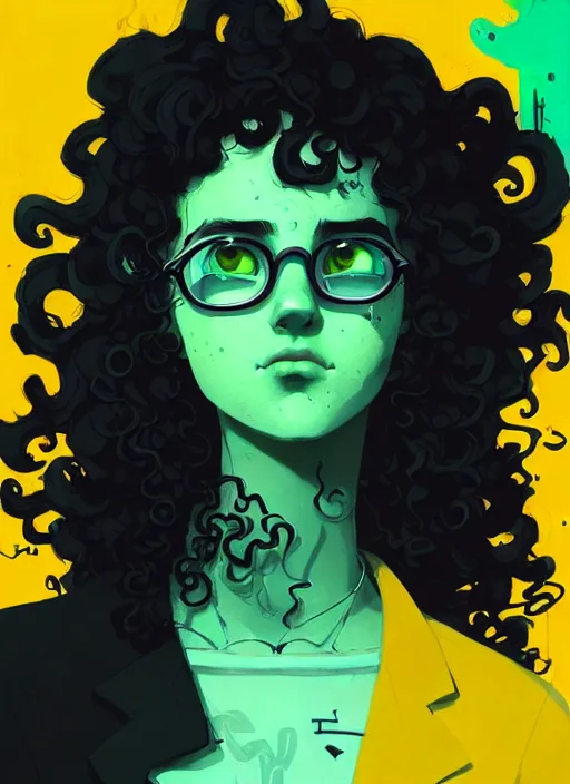 Image similar to highly detailed closeup portrait of nice curly green shades hair teen girl, curly hair, black and yellow suit by atey ghailan, by greg rutkowski, by greg tocchini, by james gilleard, by joe fenton, by kaethe butcher, gradient orange, black and white color scheme, grunge aesthetic!!! ( ( graffiti tag wall background ) )