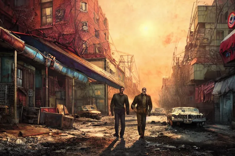 Image similar to fallout 5, jim carrey and adam sandler, portrait, outdoors european cityscape, atmospheric lighting, painted, intricate, volumetric lighting, beautiful, daytime, winter, clear weather, mutated wildlife, sharp focus, deep colours, ultra detailed, art by william turner