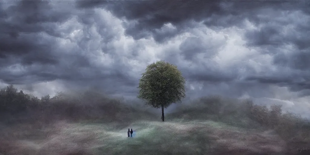 Prompt: school on the hill, walking on a mountain, surreal photography, blue and grey storm clouds, dramatic light, impressionist painting, digital painting, art station, simon starnhager