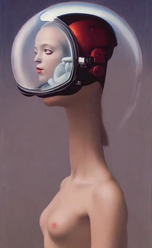 Prompt: portrait An astronaut girl wearing helmet with tight black latex dress, Edward Hopper and James Gilleard, Zdzislaw Beksinski, Mark Ryden, Wolfgang Lettl highly detailed