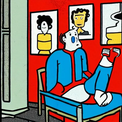 Prompt: illustration of the greek god eros who is a clown, has hurt his knee and sitting in a chair and is watching the game on tv with a beer in hand, by chris ware
