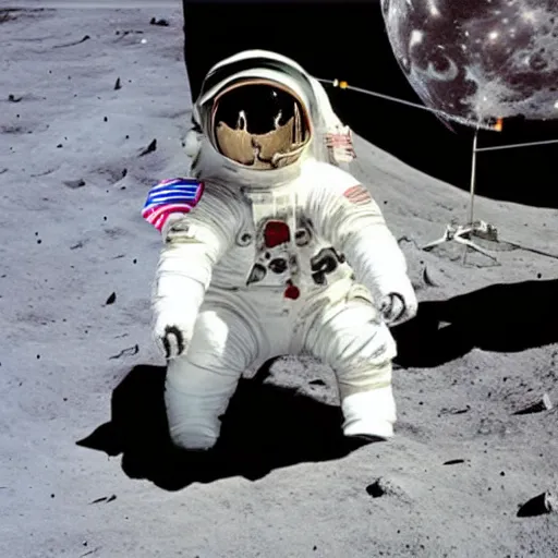 Prompt: penguin wearing spacesuit helmet, standing next to the Apollo lunar lander module, on the lunar surface. TV footage