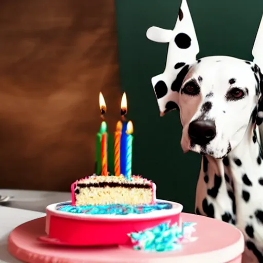 Image similar to female dalmatian with birthday hat eating birthday cake,