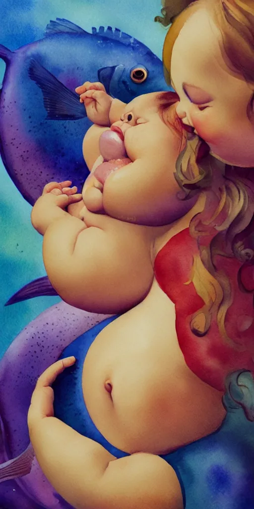 Image similar to a hype realistic oil painting of the most cute little fat girl kissing a huge colorful cute fish. hype realistic scene. old photography style. studio lighting. window. 3 d, octane render, deep focus, fashion style, white scene. very funny and sweet art. unreal engine. watercolor. fellini style. poster quality. da vinci painting style. illustration.