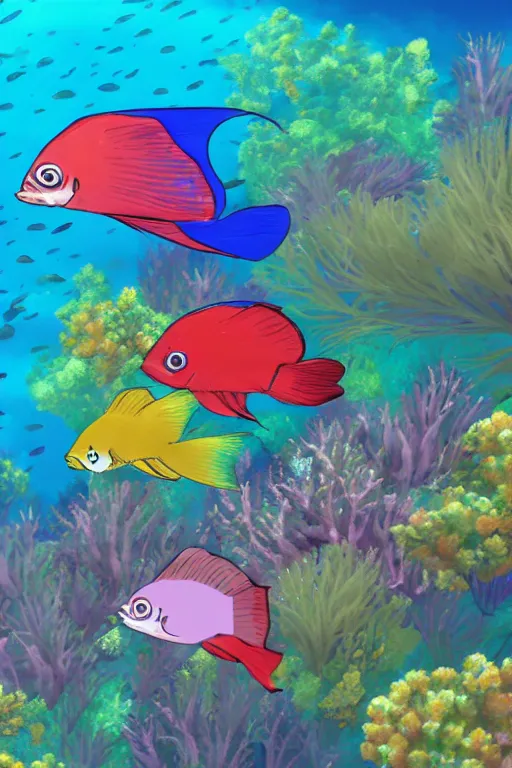 Image similar to a beautiful and colorful fish swimming through a coral in the ocean anime style, makoto shinkai style