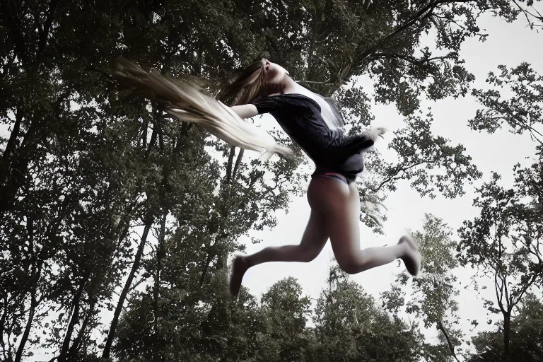 Prompt: photo of beautiful young woman that can fly hovering a few feet off the ground by Emmanuel Lubezki