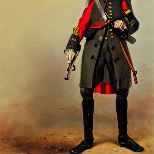 Image similar to 18th century Prussian soldier holding a MP40 submachinegun, oil painting, trending on ArtStation