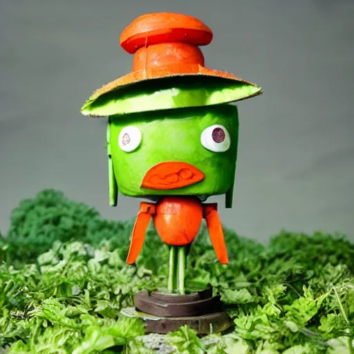 Image similar to cute robot made of plants with tomato hat and a carrot sword, made in abyss style