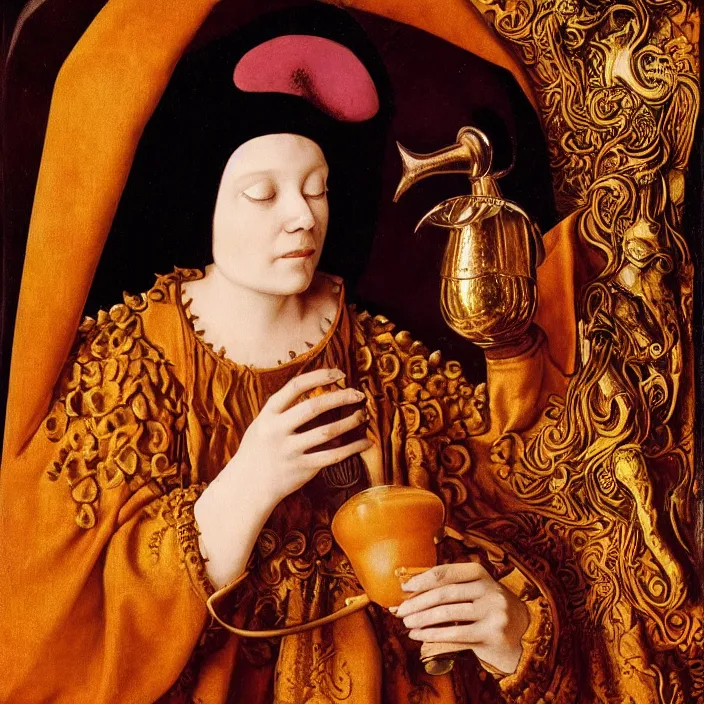 Image similar to a closeup portrait of a horned woman, drinking a golden elixir, drinking, chalice, in a heart nebula, golden hour, by jan van eyck