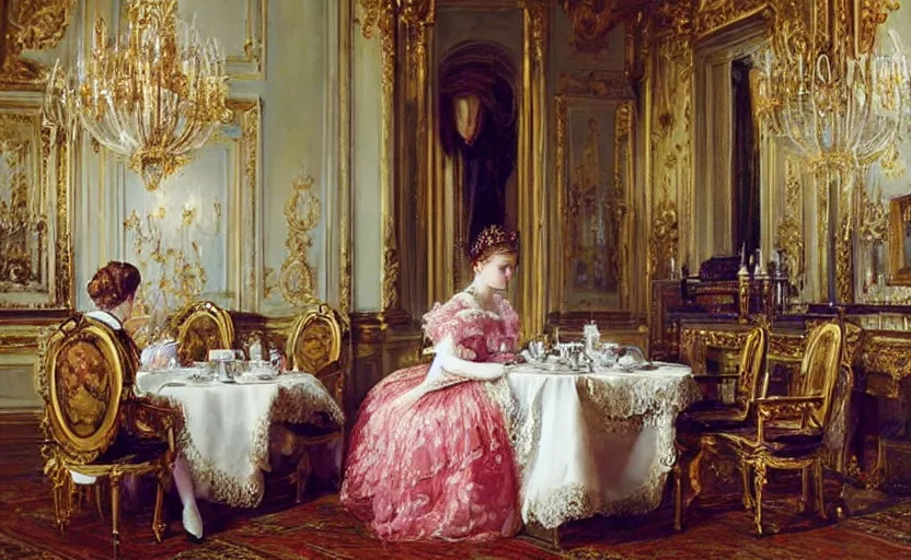 Image similar to Young victorian princess drinking tea on the royal palace dining room. By Konstantin Razumov, highly detailded