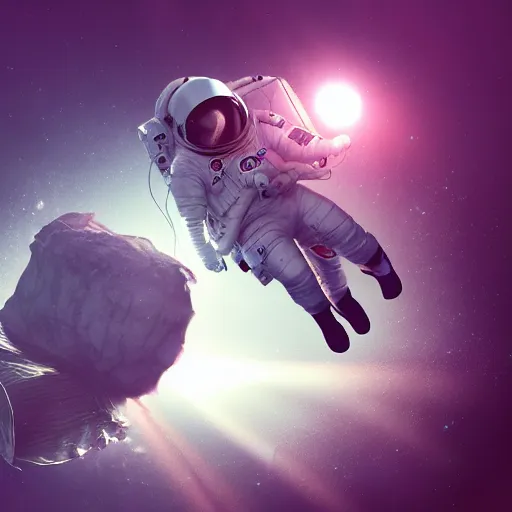 Prompt: an astronaut floating in the middle of deep underwater being hit by sun rays, trending on art station, atmosphere, concept art, photorealistic, high detailed