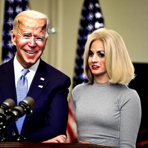 Image similar to photograph of Joe Biden and a gray alien wearing a blonde wig and a red dress, at a press conference