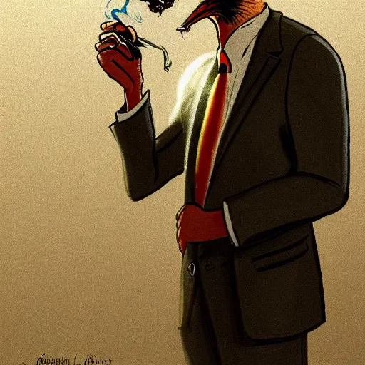 Image similar to a racoon wearing a suit smoking a cigar on his mouth, dramatic lighting, cinematic, establishing shot, extremly high detail, photorealistic, cinematic lighting, artstation, style by James Gurney