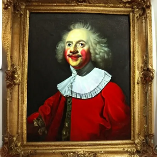 Prompt: oil portrait of 18th century King Ronald mcdonald from France