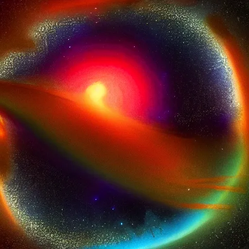 Prompt: A super massive blackhole at the middle of the milky way, Trending on artstation, Rainbow color scheme ::