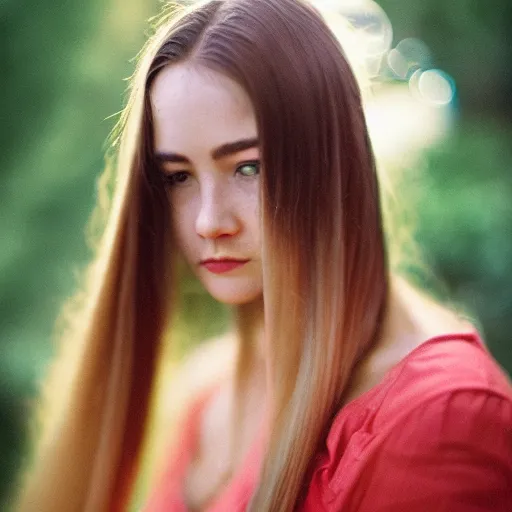 Prompt: a hyper realistic portrait photography of a woman with long hair. agfa vista 4 0 0 film. detailed. depth of field. cinematic. lens flare. grainy film. warm light.