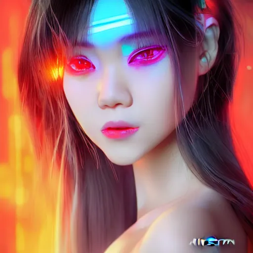 Prompt: a portrait of a full body beautiful futuristic asian girl, young with long hair, neon bioluminescence, wearing kimono, horror scene, hyper - realistic, very detailed, intricate, very sexy pose, slight smile expression, unreal engine, by artgerm, wlop and ross thran, dramatic cinematic lighting rendered by octane, 8 k, detailed