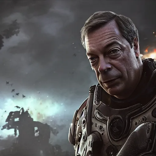 Image similar to Portrait of Nigel Farage in Gears of War, splash art, movie still, cinematic lighting, dramatic, octane render, long lens, shallow depth of field, bokeh, anamorphic lens flare, 8k, hyper detailed, 35mm film grain