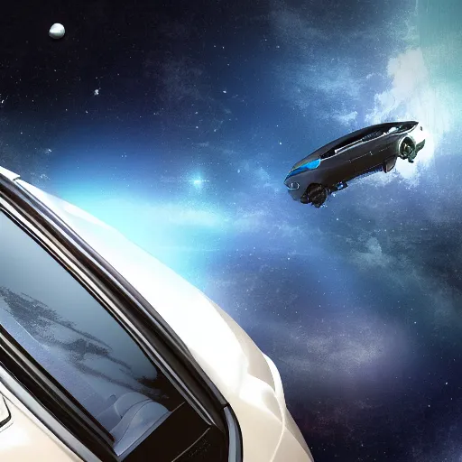 Prompt: a car floating in space