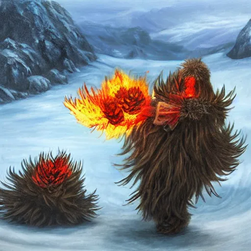 Prompt: Yetis throwing flaming pinecones on an underground glacier, realistic painting