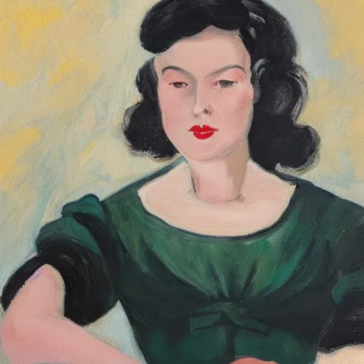 Image similar to a close up of a young woman from the fifties, seated in front of a landscape background, her black hair is a long curly, she wears a dark green dress, pleated in the front with yellow sleeves, puts her right hand on her left hand, oil painting