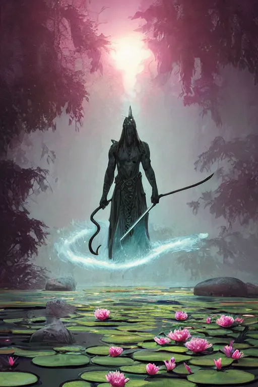 Image similar to king arthor pulling Excalibur out of the fairy lily pad pond with a weeping willow peonies, strong silhouette, Minimal Movie Posters, fantasy magic, art masterpiece by Greg Rutkowski, Gaston Bussiere, craig mullins, #wip #illustration #illustradraw #illustrator #vector #colors #colorschemes