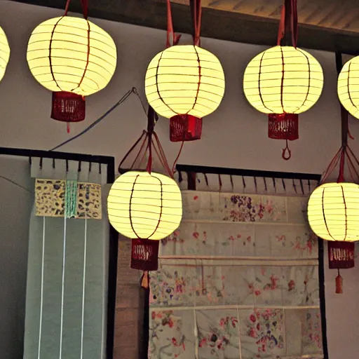 Prompt: Hanging ancient Japanese paper lanterns