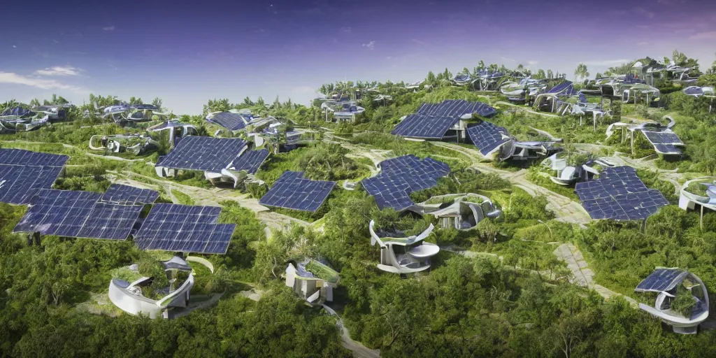 Image similar to futuristic eco-village with high diversified houses, solarpanels and integrated in nature, opposite of urban sprawl, forte gimenes marcondes ferryz arquitetos detailed, octane render, photo realism, 3D, ray tracing, photo realism