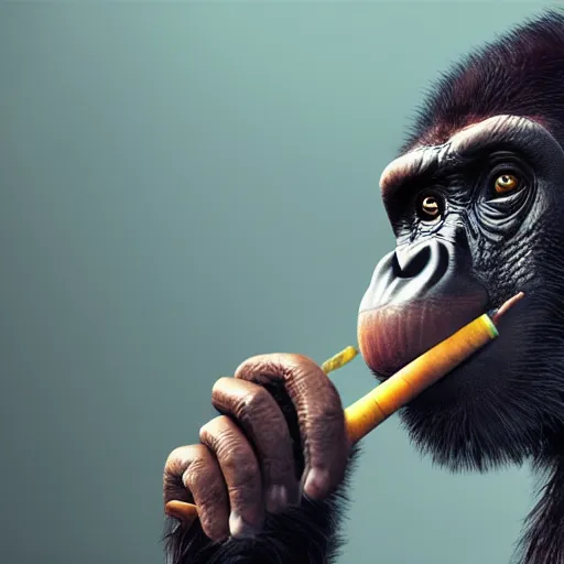 Image similar to a high detail closeup shot of a chimp wearing a suit 👔,and smoking a cigarrette🚬, cgcosiety, artstation, unreal engine, realism