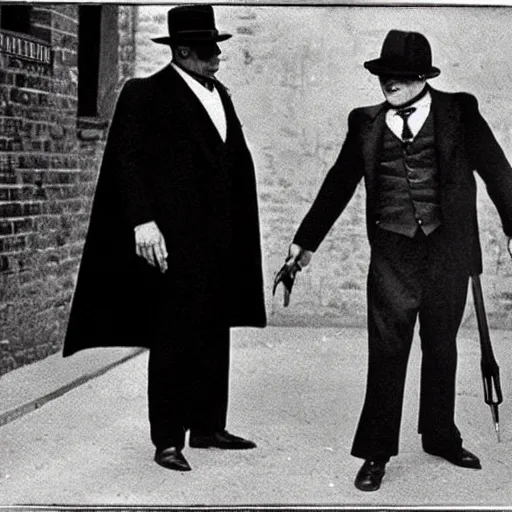 Image similar to old black and white photo, 1 9 2 5, depicting batman fighting a al capone in black tie and suit in an alley of new york city, rule of thirds, historical record