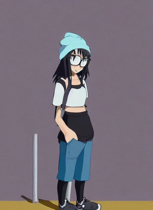 Prompt: Outfit concept of an anime girl wearing a black grey and blue crop top, rounded eyeglasses, a beanie, and sneakers grey. painted by Simon Stålenhag, high quality