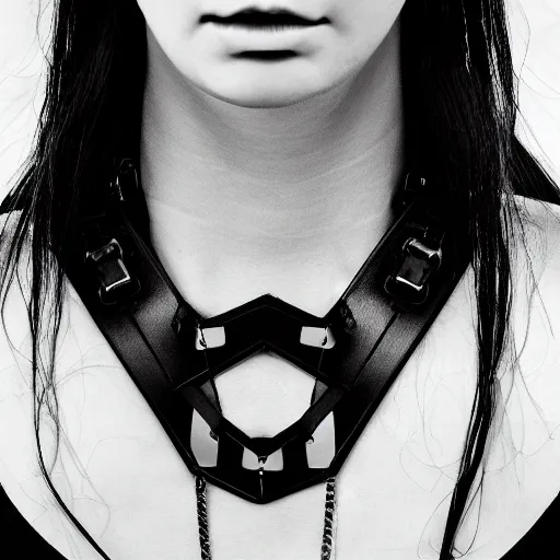 Image similar to detailed realistic cyberpunk female character cyberpunk wearing large steel collar around neck, realistic, art, beautiful, 4K, collar, choker, collar around neck, punk, artstation, detailed, female, woman, choker, cyberpunk, neon, punk, collar, choker, collar around neck, thick collar, choker around neck, wearing choker, wearing collar, bright neon punk hair,