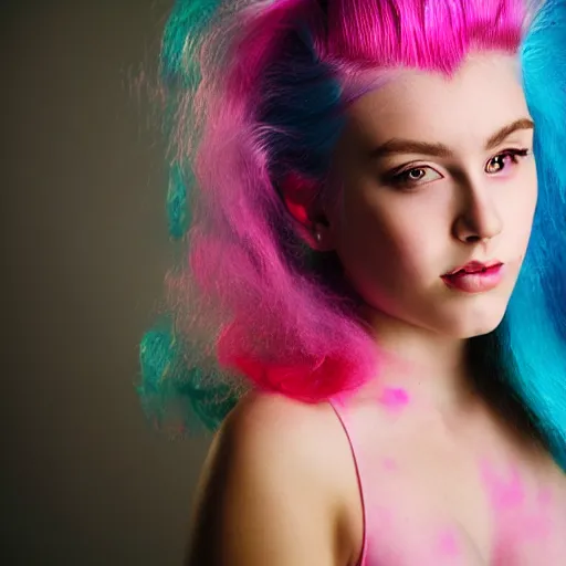 Image similar to a dramatic lighting photo of a beautiful young woman with cotton candy hair. blood splashes with a little bit of cyan and pink