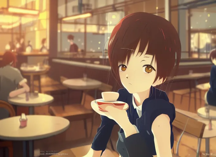 Prompt: anime film visual illustration a young woman working in a busy cafe interior, cute face by ilya kuvshinov, makoto shinkai, kyoani, masakazu katsura, dynamic pose, crisp and sharp, yoshinari yoh, rounded eyes, anime poster, ambient light, focused, cel shaded