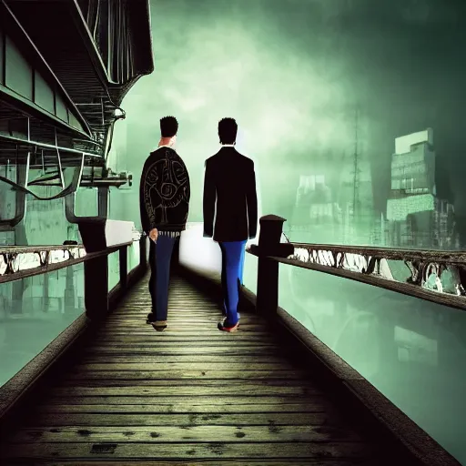 Image similar to two young men, one man human, one man vampire, night, on a bridge,, detailed, intricate, aesthetic, artistic, 8 k resolution in the style of one piece