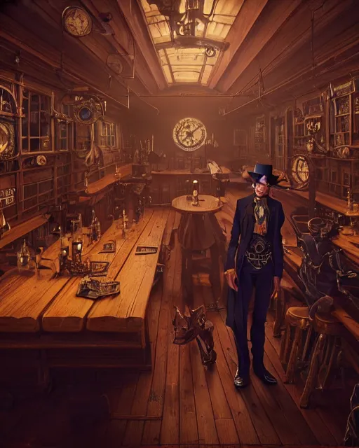 Image similar to highly detailed surreal vfx portrait of a steampunk cowboy in a gothic saloon, stephen bliss, unreal engine, greg rutkowski, loish, rhads, beeple, makoto shinkai and lois van baarle, ilya kuvshinov, rossdraws, tom bagshaw, alphonse mucha, global illumination, detailed and intricate environment