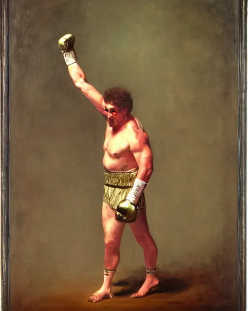 Image similar to sigma sam hyde standing triumphantly on a boxing stage, smooth, sharp focus, by jeremy lipkin, john berkey, claude monet, dino valls