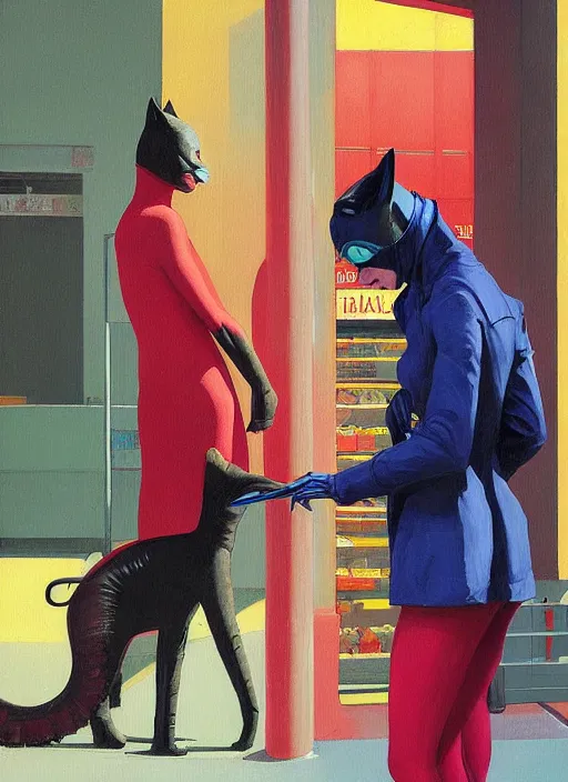 Prompt: catwoman in line at a grocery store painting by Edward Hopper and James Gilleard, Zdzislaw Beksinski highly detailed