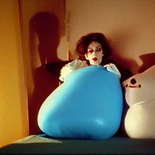 Prompt: still from a 1988 arthouse film about a depressed housewife dressed as a squishy inflatable toy who meets a handsome younger man in a seedy motel room, color film, 16mm soft light, weird art on the wall