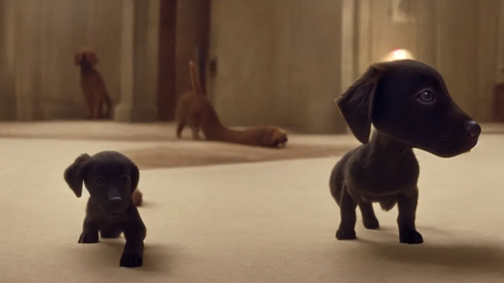 Image similar to a very nice puppy, with a long long long tail, film still from the movie directed by denis villeneuve and david cronenberg with art direction by salvador dali and dr. seuss