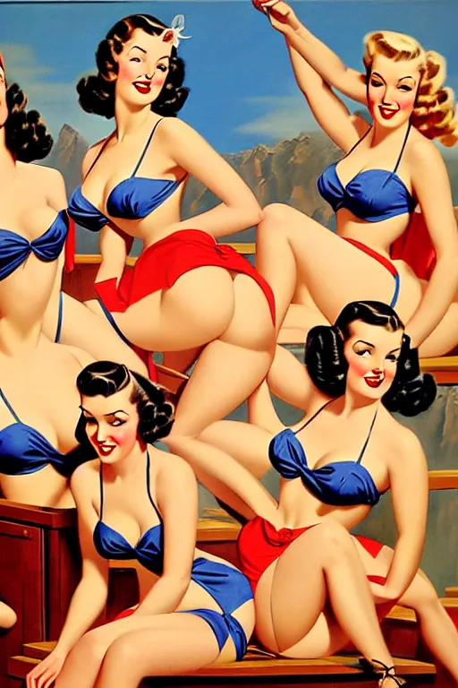 Prompt: 1940s group of pinup bikini girls in the office, oil painting, by Gil Elvgren