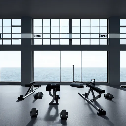 Image similar to brutalist workout gym, big windows, showing sea landscape on background, minimalist architecture, gym furniture, octane render, high quality, 8 k, post production