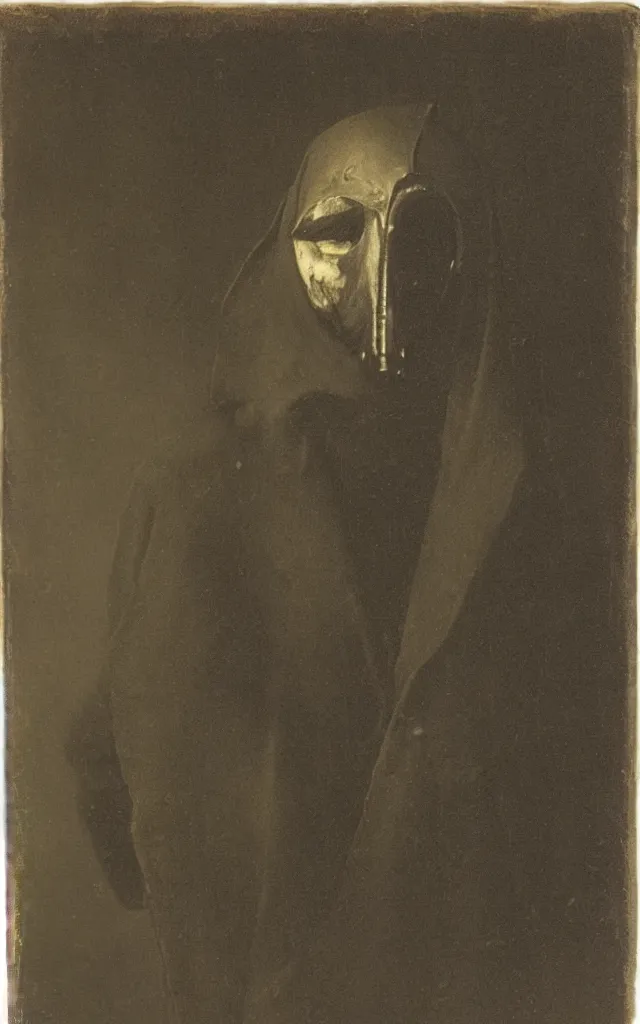 Image similar to portrait of a creepy victorian plague doctor, daguerreotype, studio lighting, hyperrealistic, ultra detailed