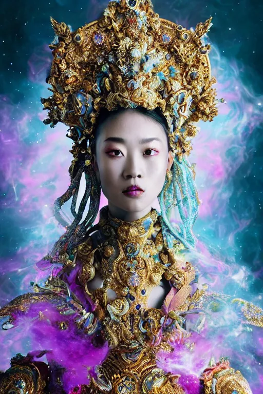 Image similar to a beautiful empress portrait, with a brilliant, impossible striking big cosmic galaxy headpiece, clothes entirely made out of cosmos chaos energy, symmetrical, dramatic studio lighting, rococo, baroque, jewels, asian, hyperrealism, closeup, D&D, fantasy, intricate, elegant, highly detailed, digital painting, artstation, octane render, 8k, concept art, matte, sharp focus, illustration, art by Artgerm and Greg Rutkowski and Alphonse Mucha