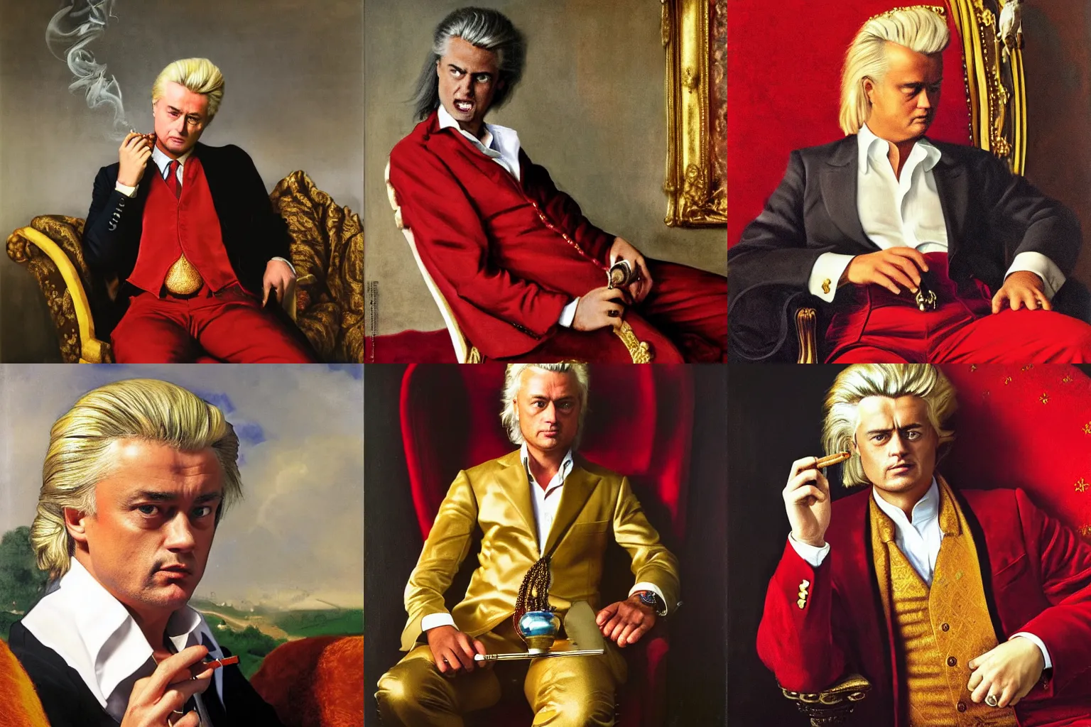 Prompt: geert wilders wearing a silk shirt and many gold rings and necklaces, sitting in a red plush throne and smoking a cigar, 8 k, hdr, great light, gustave courbet, annie leibowitz