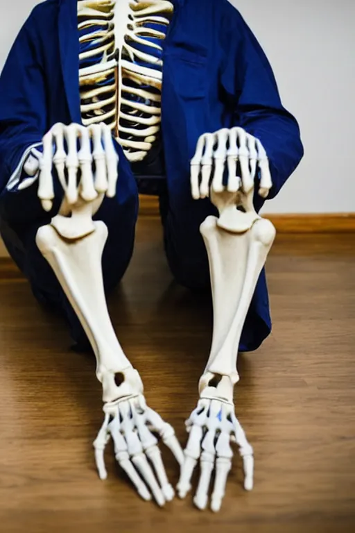 Prompt: a full - length photo of skeleton sitting and waiting for a doctor