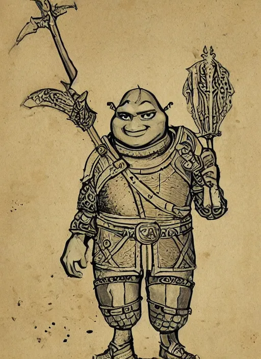 Prompt: medival scroll illustration of a Shrek in armour from Shrek the movie, fine detail, copperplate