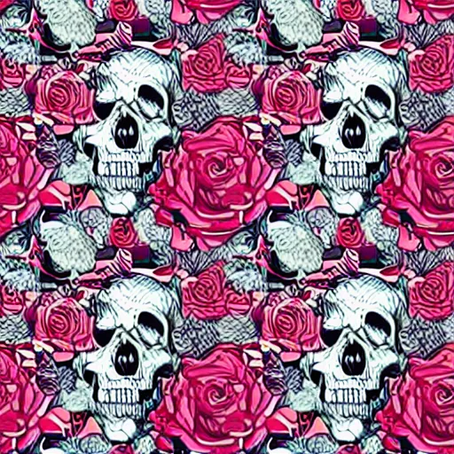 Image similar to large skulls and vivid roses seamless pattern, Jen Bartel, Dan Mumford, Satoshi Kon, gouache illustration