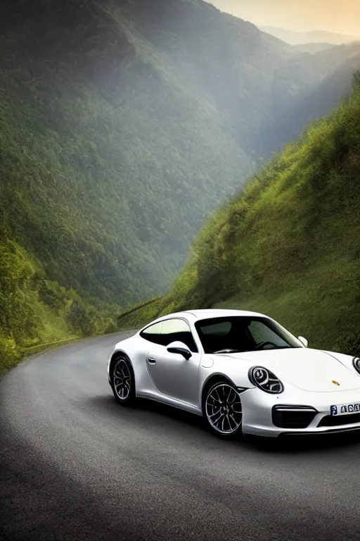 Image similar to Photo of a Porsche 911 Carrera 3.2 on a winding road through mountains and forests, volumetric lighting, highly detailed, technicolor.