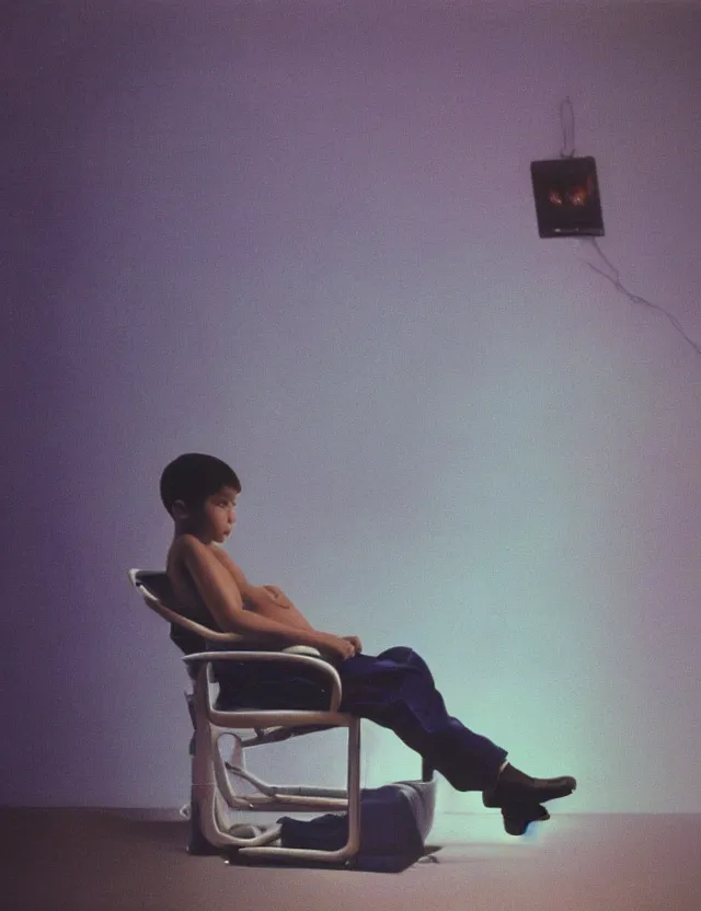 Image similar to boy in dark room sitting on a chair infront of tv, blue rays from tv, redshift, wide shot, coloured polaroid photograph, pastel, kodak film, hyper real, stunning moody cinematography, by maripol, fallen angels by wong kar - wai, style of suspiria and neon demon, david hockney, detailed, oil on canvas